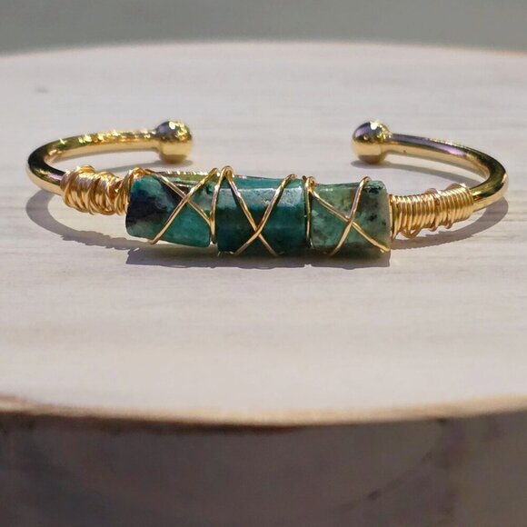 Chrysocolla Wire-Wrap Cuff ✦ 14Kt Gold Over Brass ✦ Triple Stone Adjustable - Picture 1 of 11